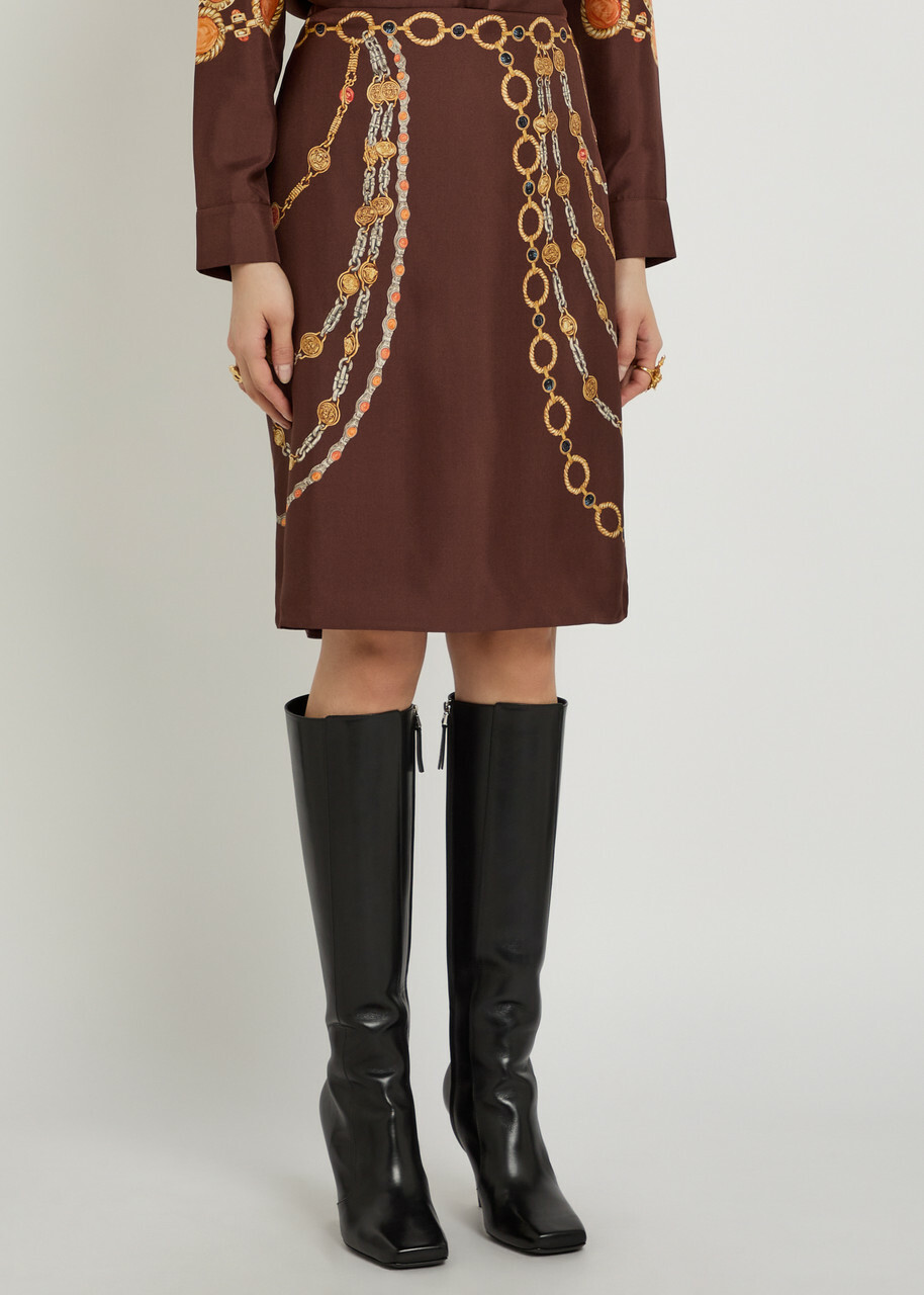 Versace Printed Silk Midi Skirt Brown