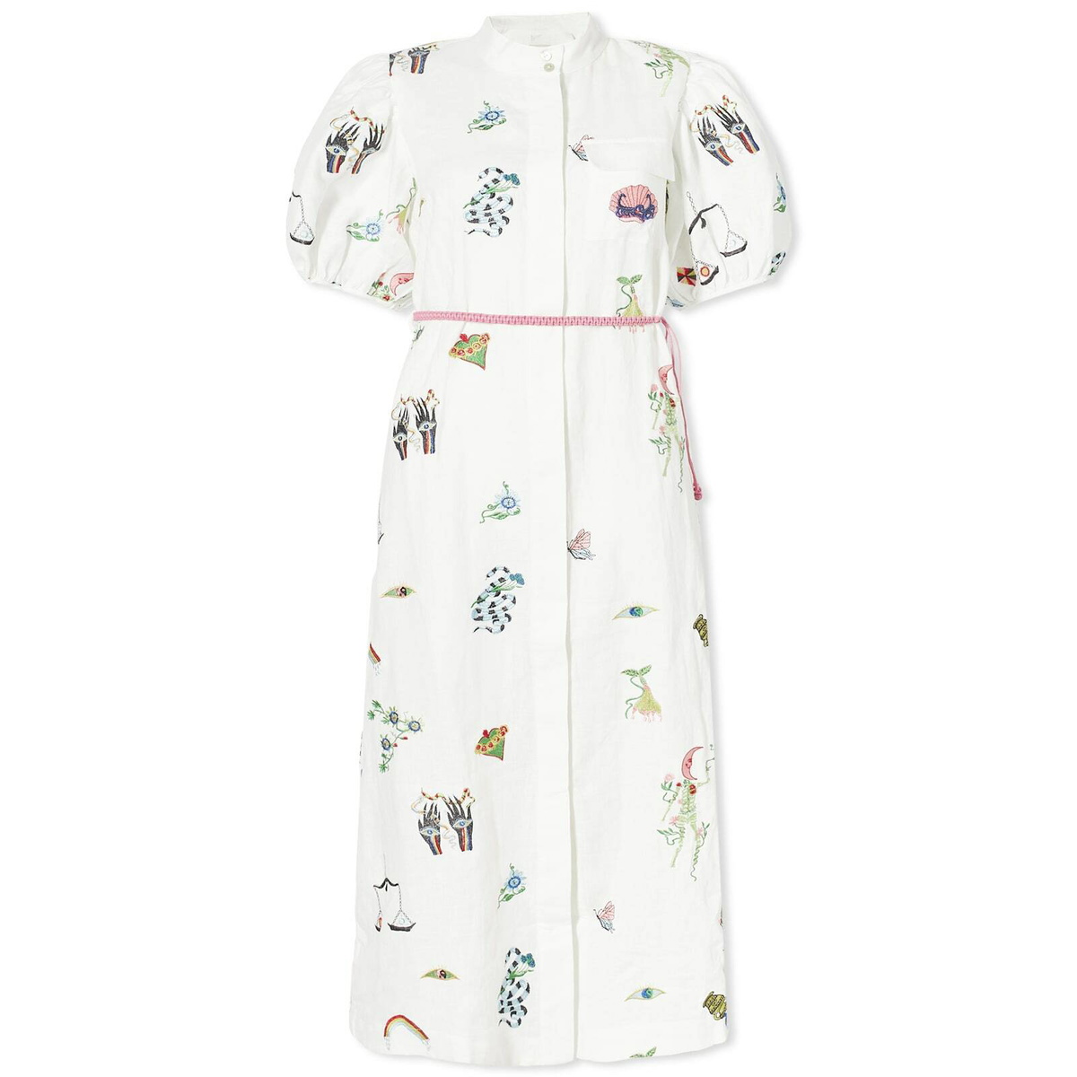 embroidered maxi dress long sleeve Ruby Linen Blend Shirt Dress-White Embroidery main image 1