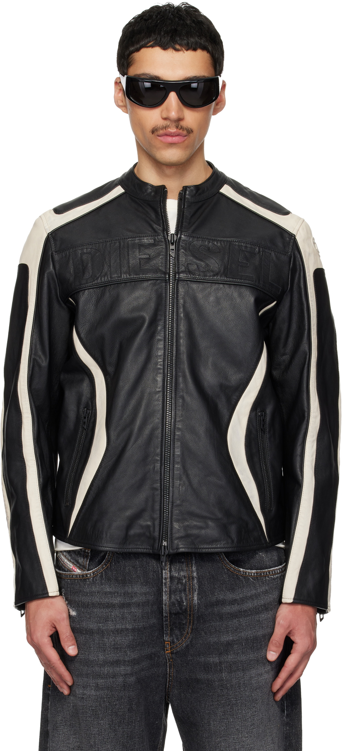 DIESEL l-korn-a Leather jacket アウトレット品 Men's Leather jacket with embossed Oval D | Black | Diesel