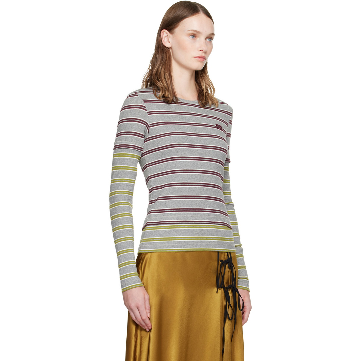 GANNI Gray & Red Double Stripe Long-Sleeve T-shirt
