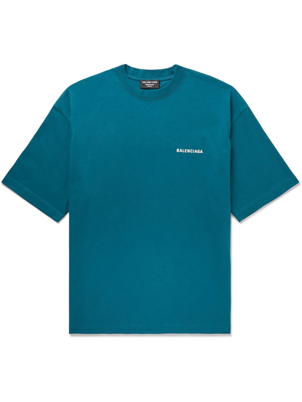 Photo: Balenciaga - Oversized Logo-Embroidered Cotton-Jersey T-Shirt - Blue