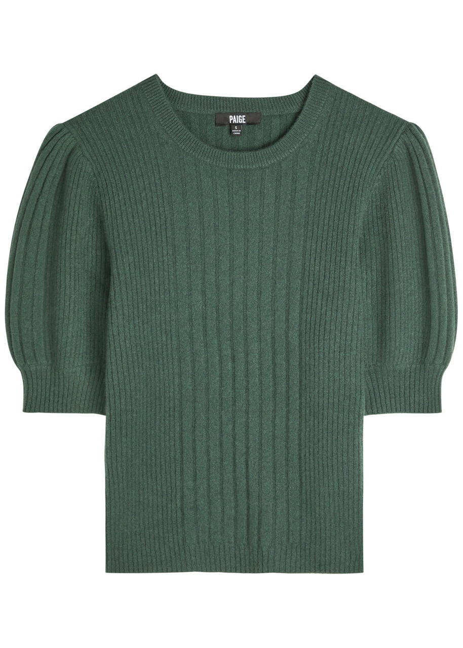 Paige Kato Puff-sleeve Ribbed Cashmere top Green