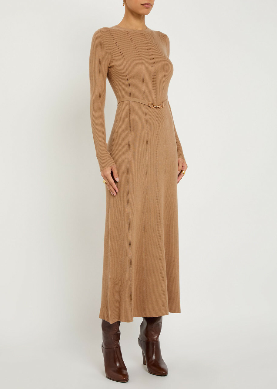 Gabriela Hearst Imagene Belted Wool Midi Dress Camel