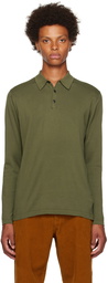 Sunspel Khaki Spread Collar Long Sleeve Polo