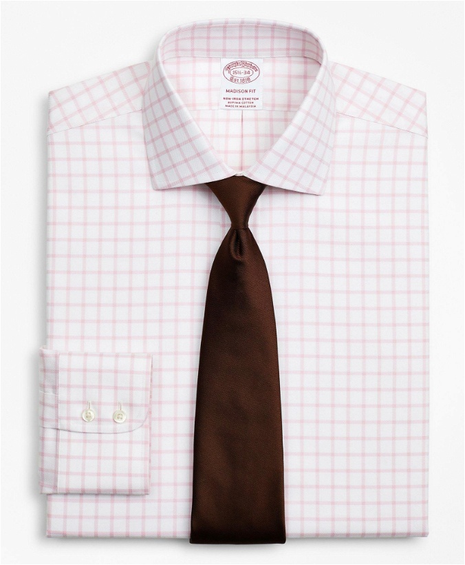 Photo: Brooks Brothers Men's Stretch Madison Relaxed-Fit Dress Shirt, Non-Iron Twill English Collar Grid Check | Pink