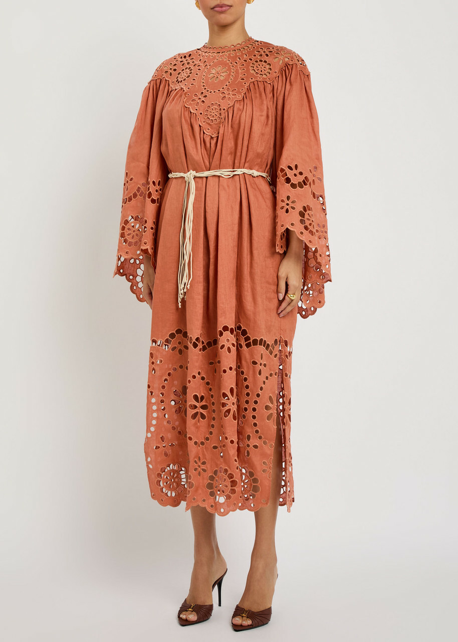 Zimmermann Awaken Embroidered Woven Yoki Maxi Dress Orange