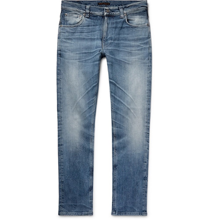 Photo: Nudie Jeans - Lean Dean Slim-Fit Tapered Distressed Organic Stretch-Denim Jeans - Men - Indigo