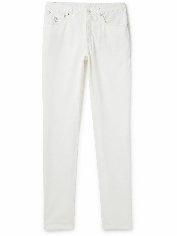 Photo: Brunello Cucinelli - Straight-Leg Logo-Embroidered Cotton-Gabardine Trousers - White