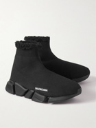 Balenciaga - Speed 2.0 Shearling-Lined Logo-Print Stretch-Knit Slip-On Sneakers - Black