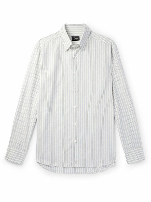 Photo: Brioni - Button-Down Collar Striped Cotton and Silk-Blend Shirt - Blue
