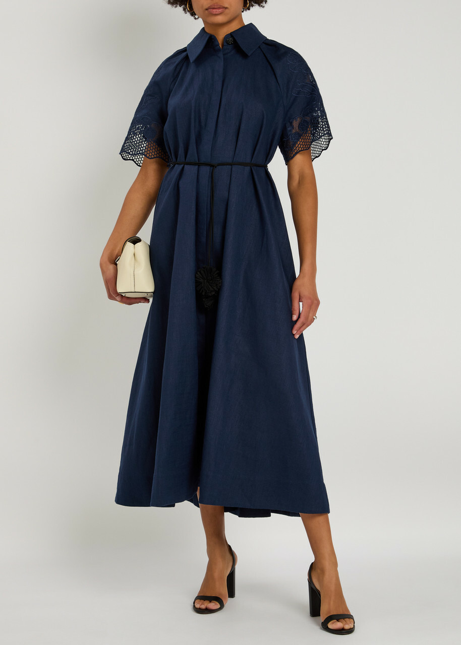 Clea Florentina Linen-blend Midi Shirt Dress Navy