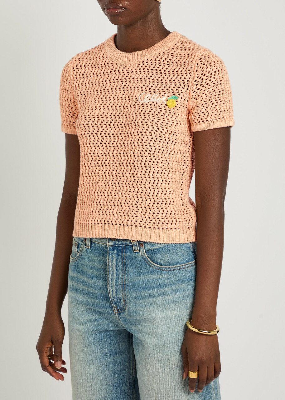 Chloe Logo-intarsia Open-knit Cotton T-shirt Orange Light