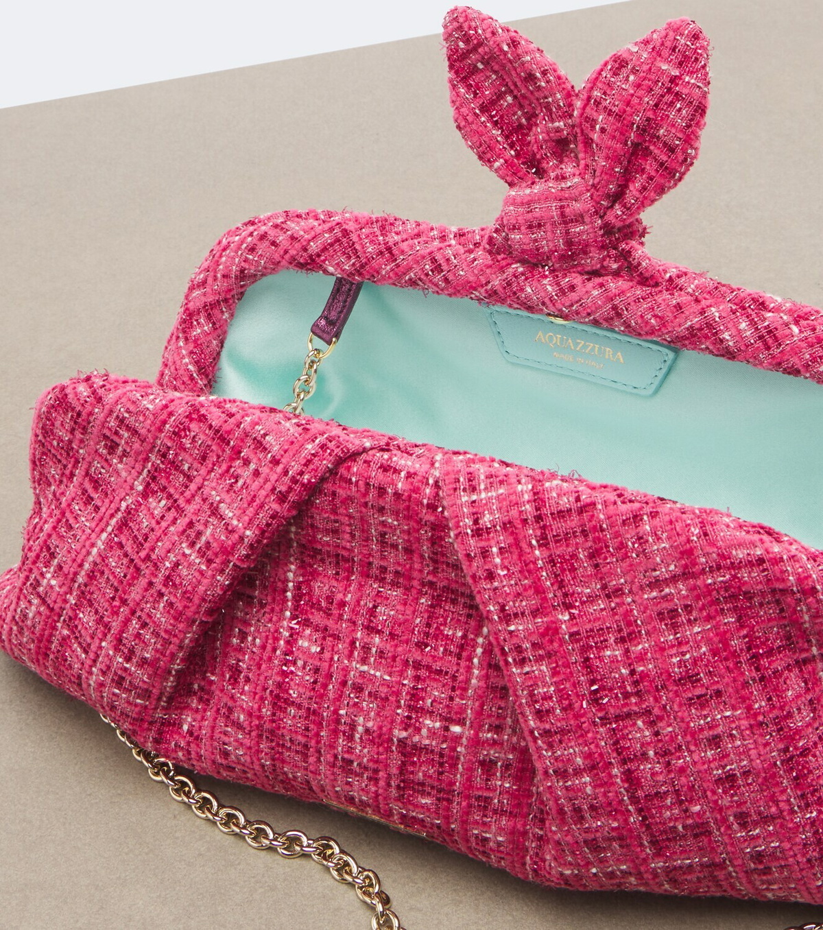 Aquazzura Bow Tie tweed clutch