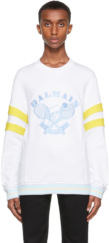 Photo: Balmain White Embroidered Tennis Logo Sweatshirt