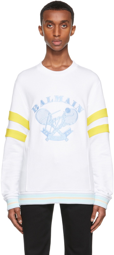 Photo: Balmain White Embroidered Tennis Logo Sweatshirt