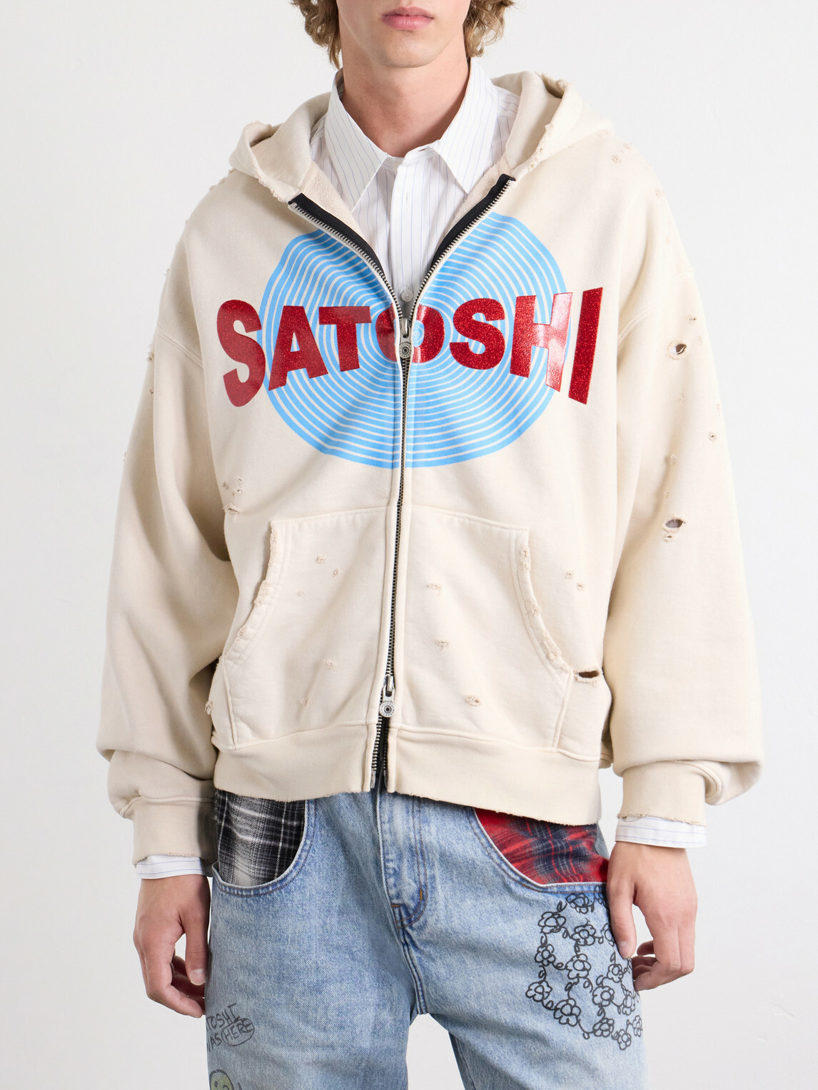 Satoshi Nakamoto - Motoslug Logo-Print Distressed Cotton-Jersey Hoodie - White
