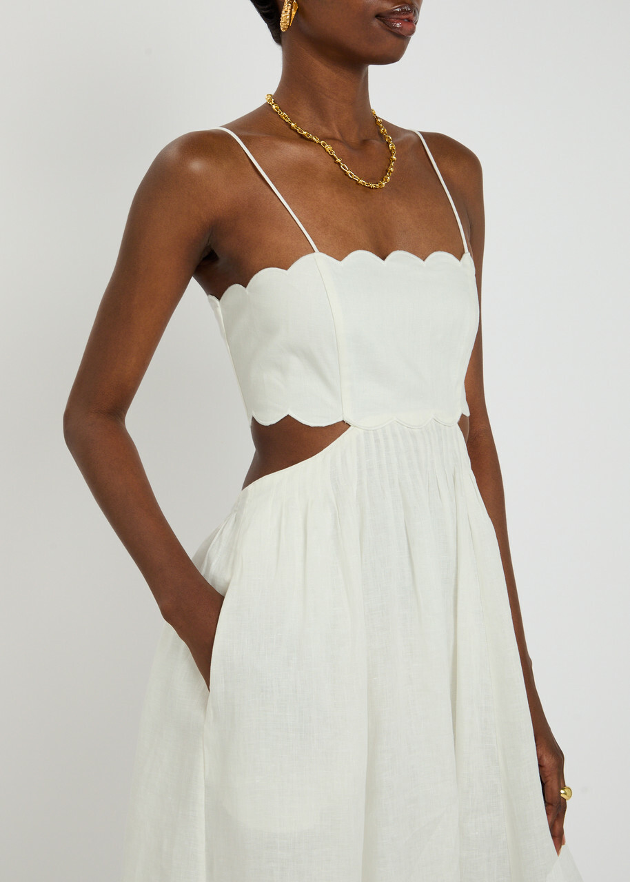 Zimmermann Rhiannon Scallop Linen Midi Dress Ivory Zimmermann