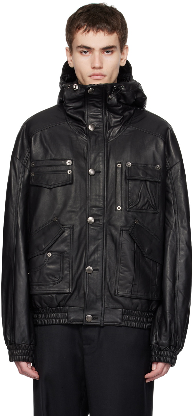 lesugiatelier Black Hooded Leather Jacket lesugiatelier