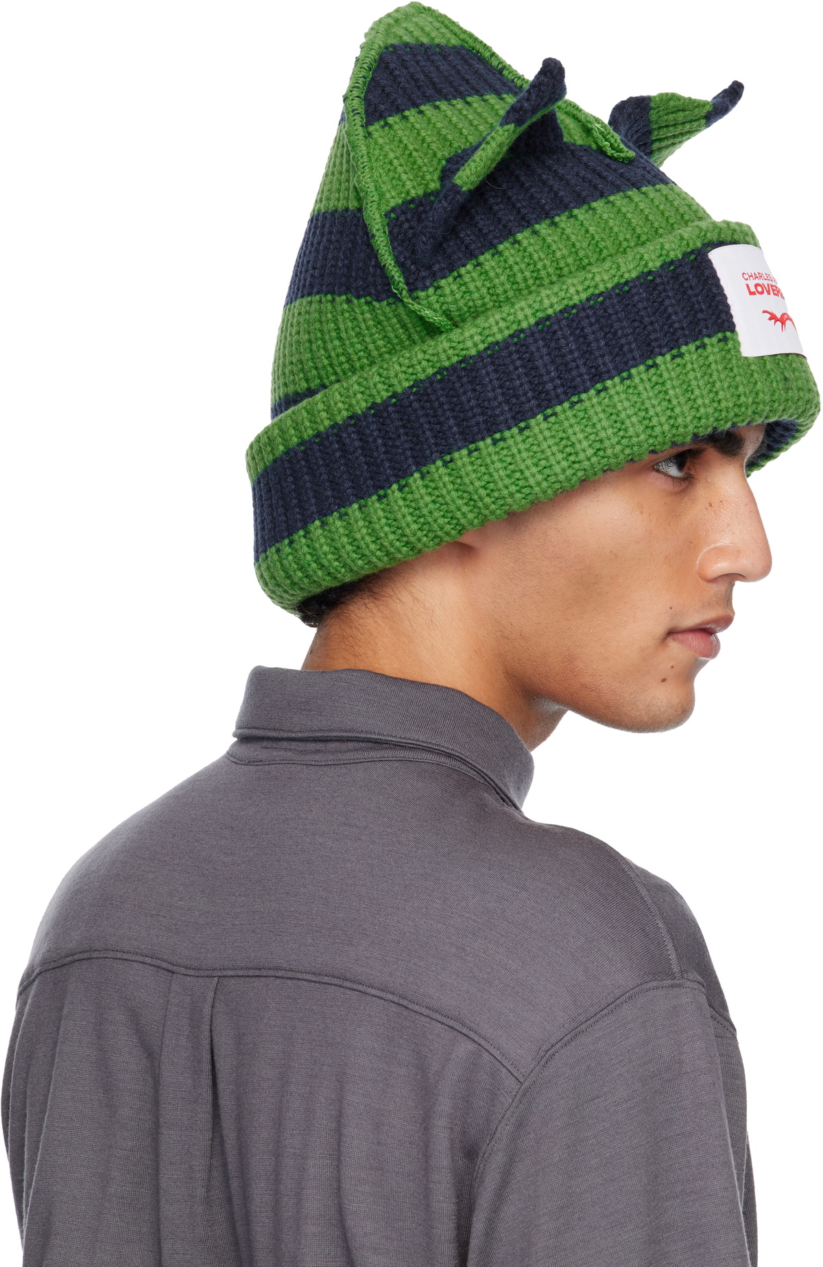 Charles Jeffrey LOVERBOY Green & Navy Supersized Chunky Ears Beanie