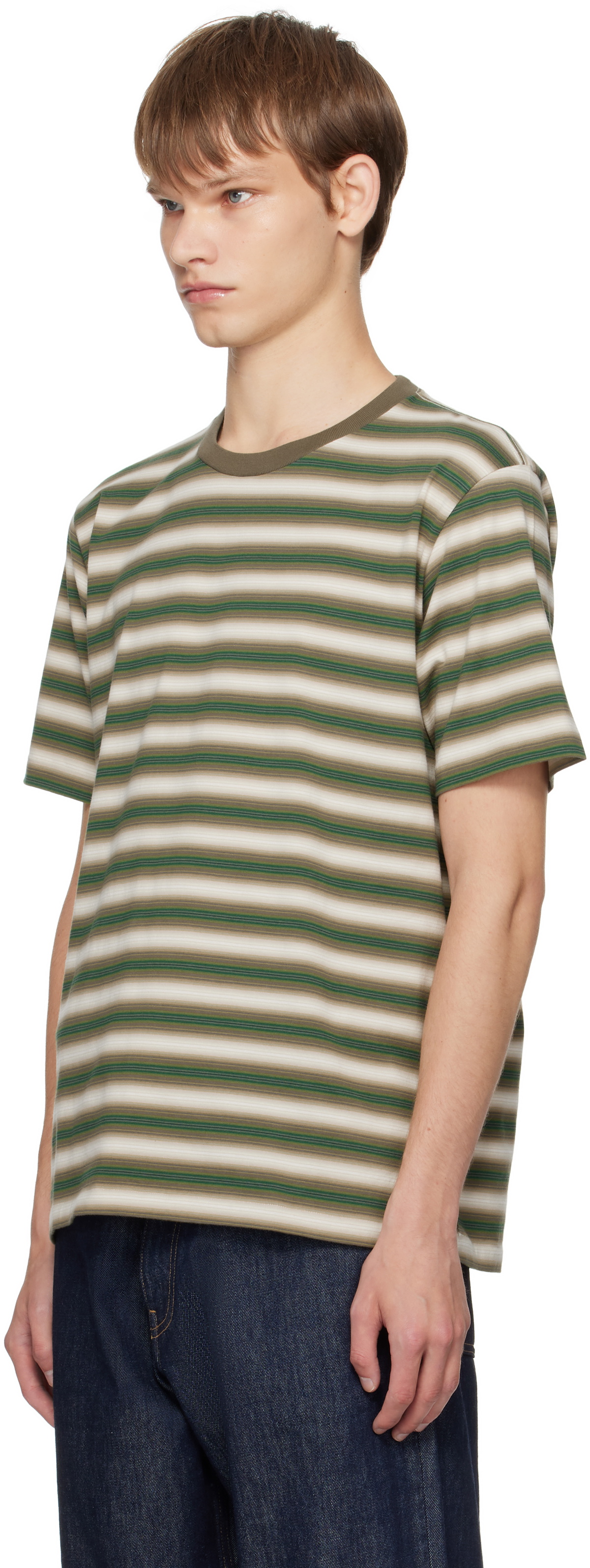 AURALEE Brown & Green Gradient Stripe Jersey T-shirt Auralee
