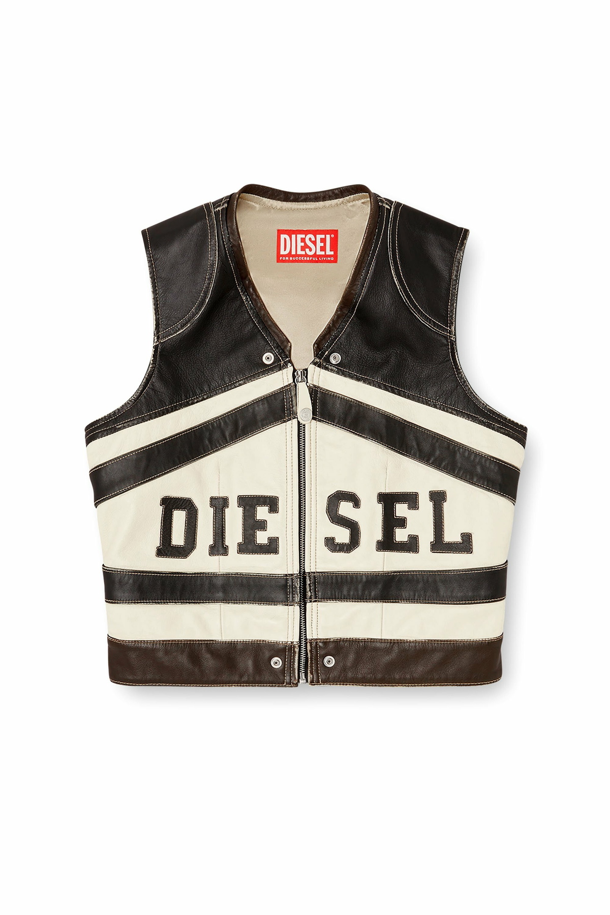Diesel Leather vest with front logo and contrast stripes - Vests Womens in Multicolor