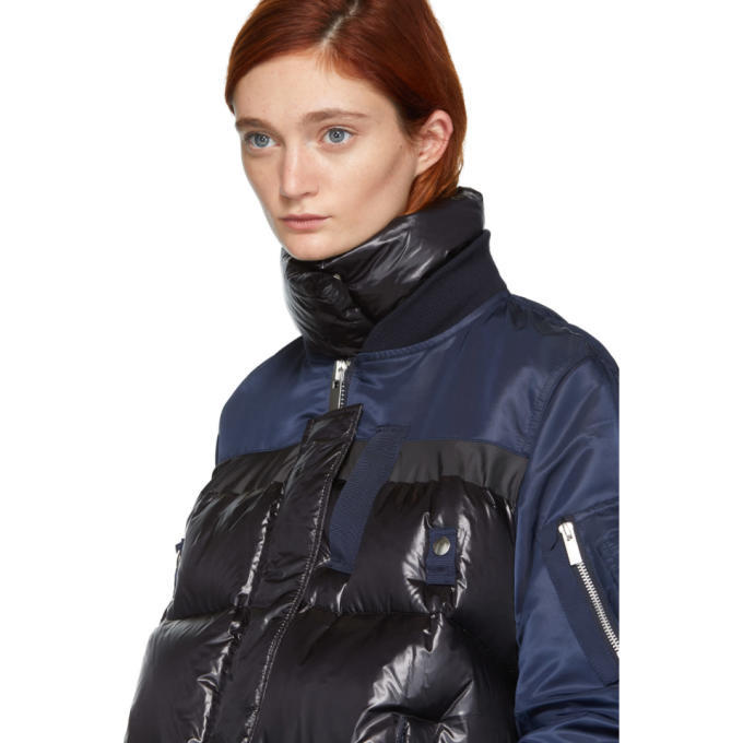 Sacai Black and Navy Down MA-1 Combo Puffer Jacket Sacai