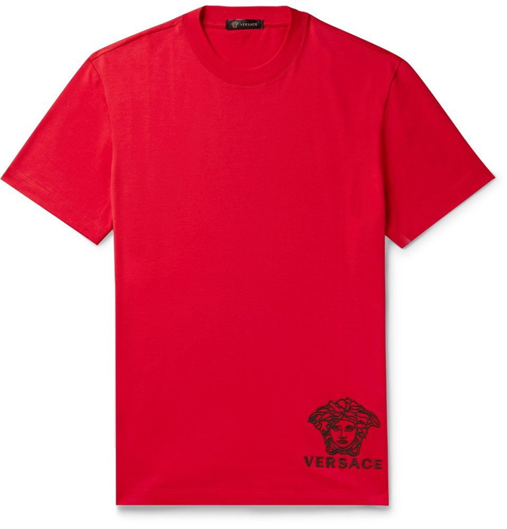 Photo: Versace - Logo-Embroidered Cotton-Jersey T-Shirt - Red