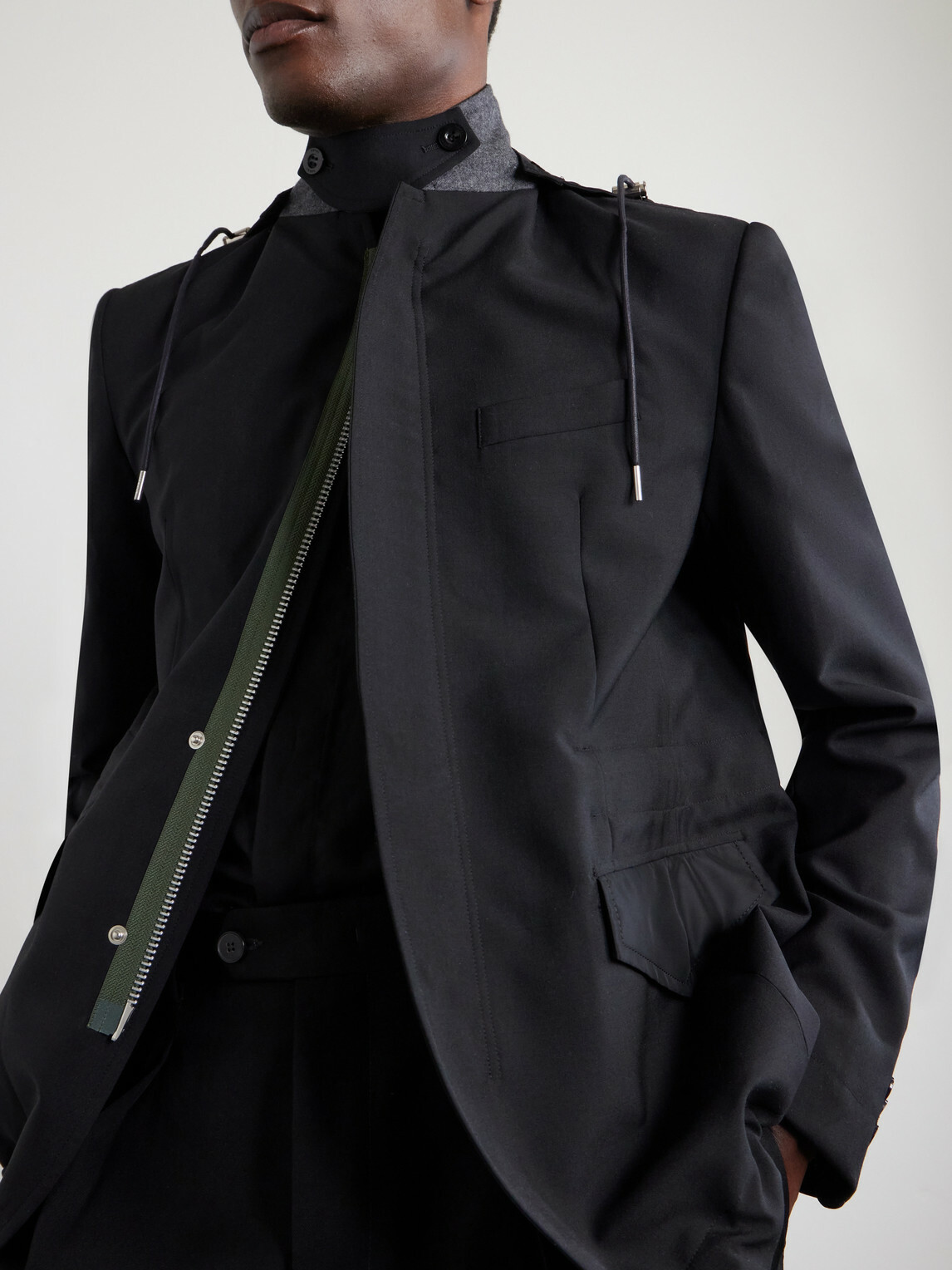 Sacai - Grain De Poudre and Shell Hooded Blazer - Black