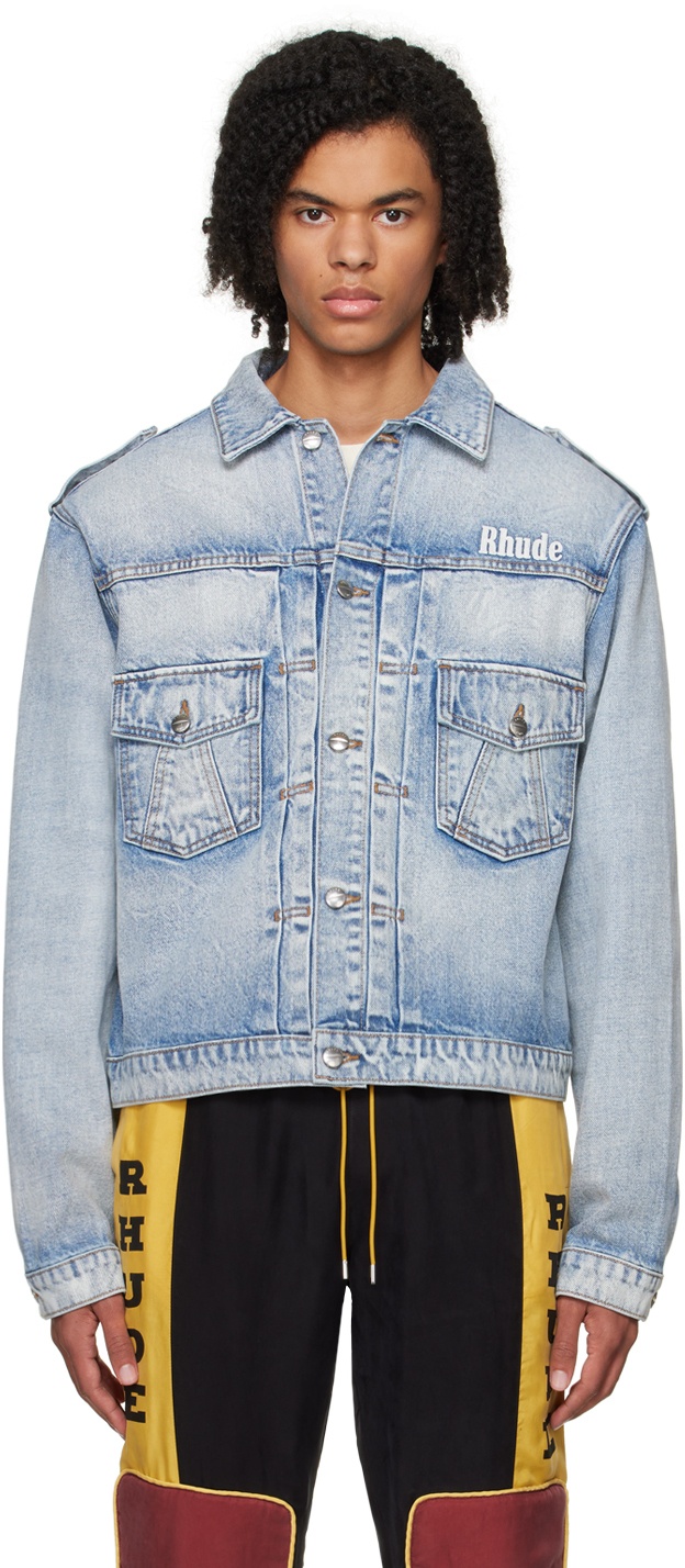Rhude - Oversized Suede Elbow-Patch Distressed Denim Jacket - Blue