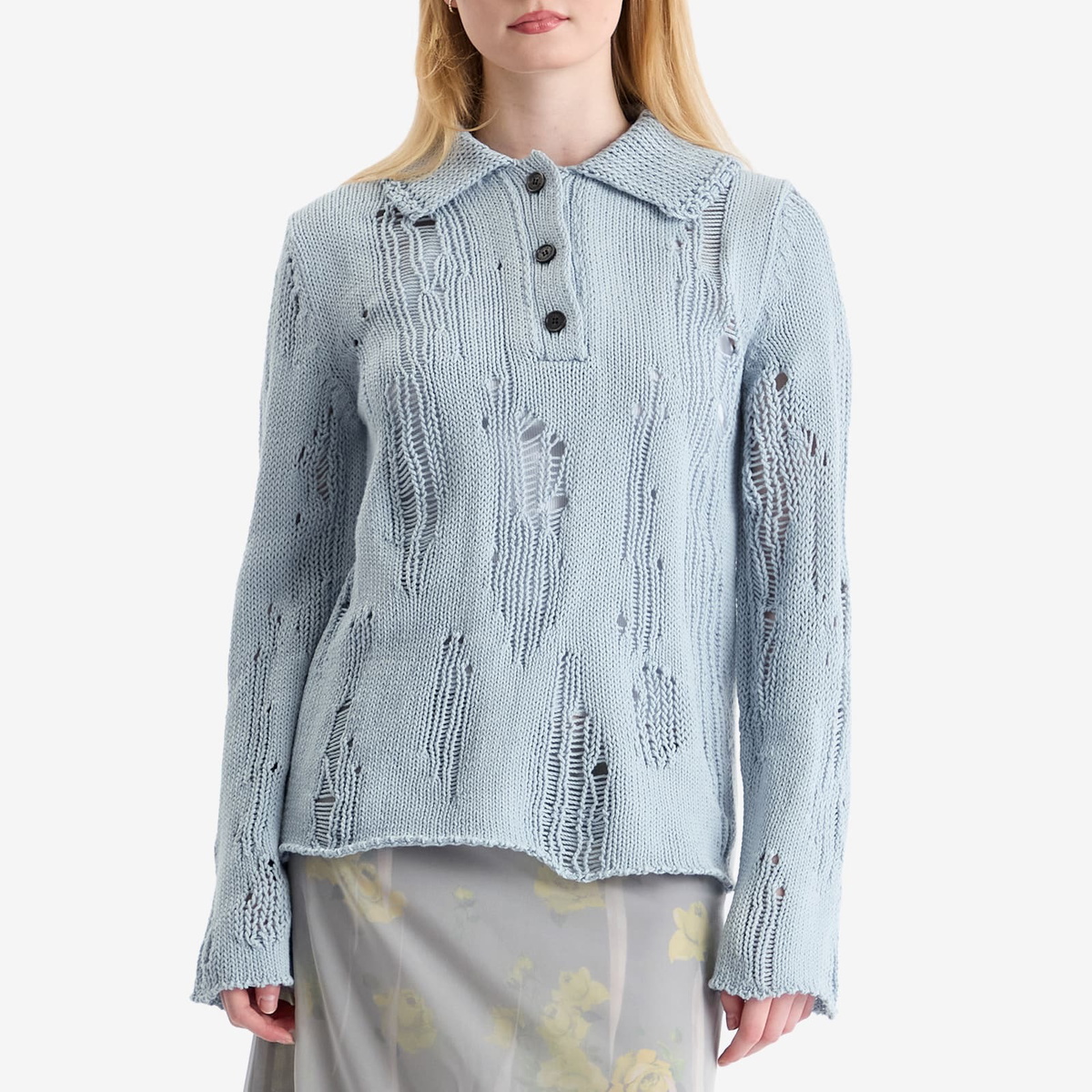 Acne Studios Women's Kummer Natural Cord Mouline Polo Neck Jumper in Light Blue