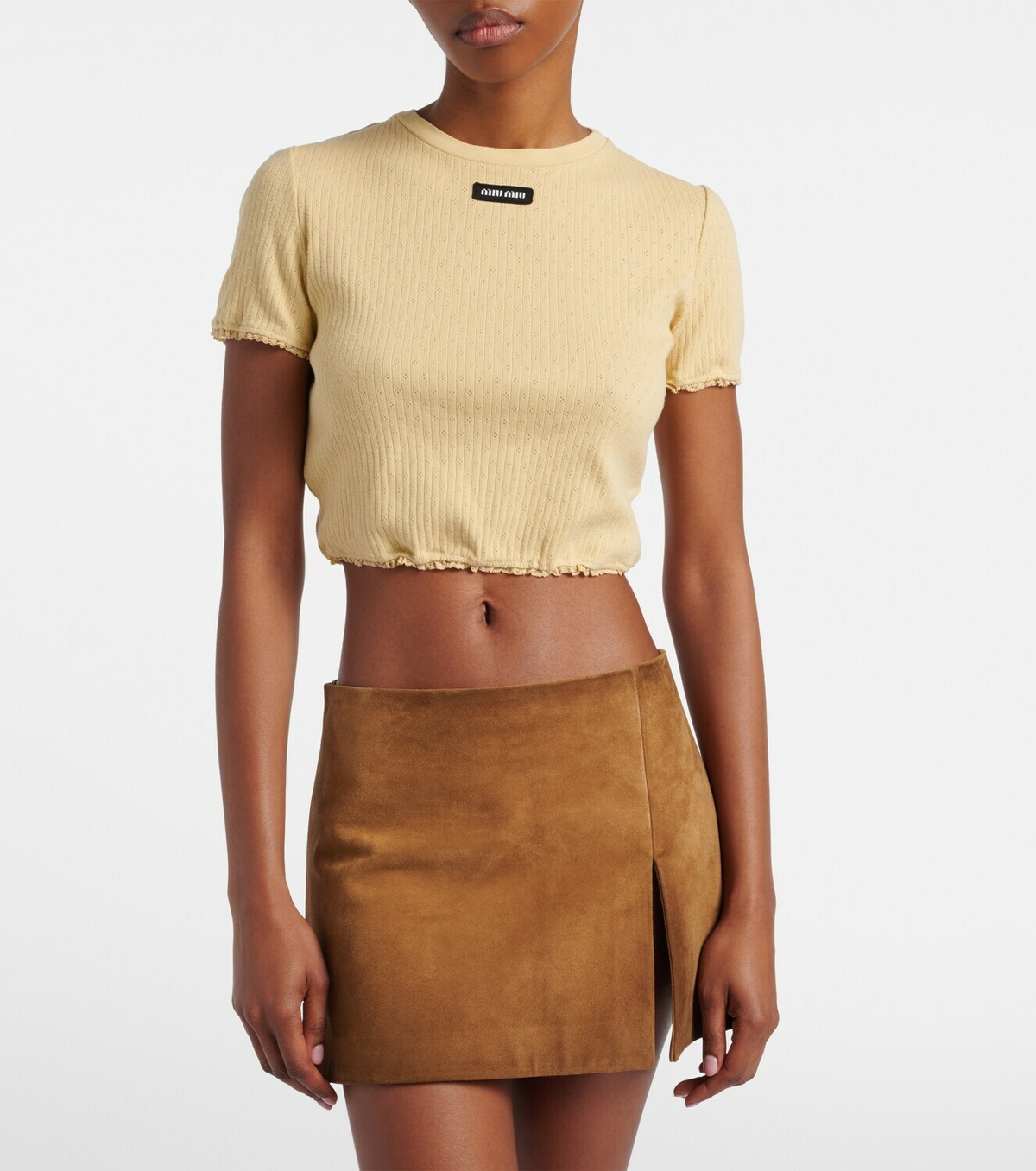 Miu Miu Lace-trimmed pointelle cotton crop top