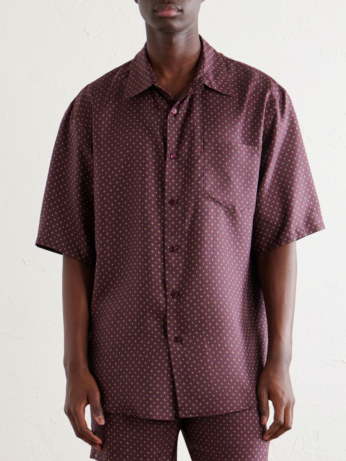 SAINT LAURENT - Printed Silk-Satin Polo Shirt - Burgundy