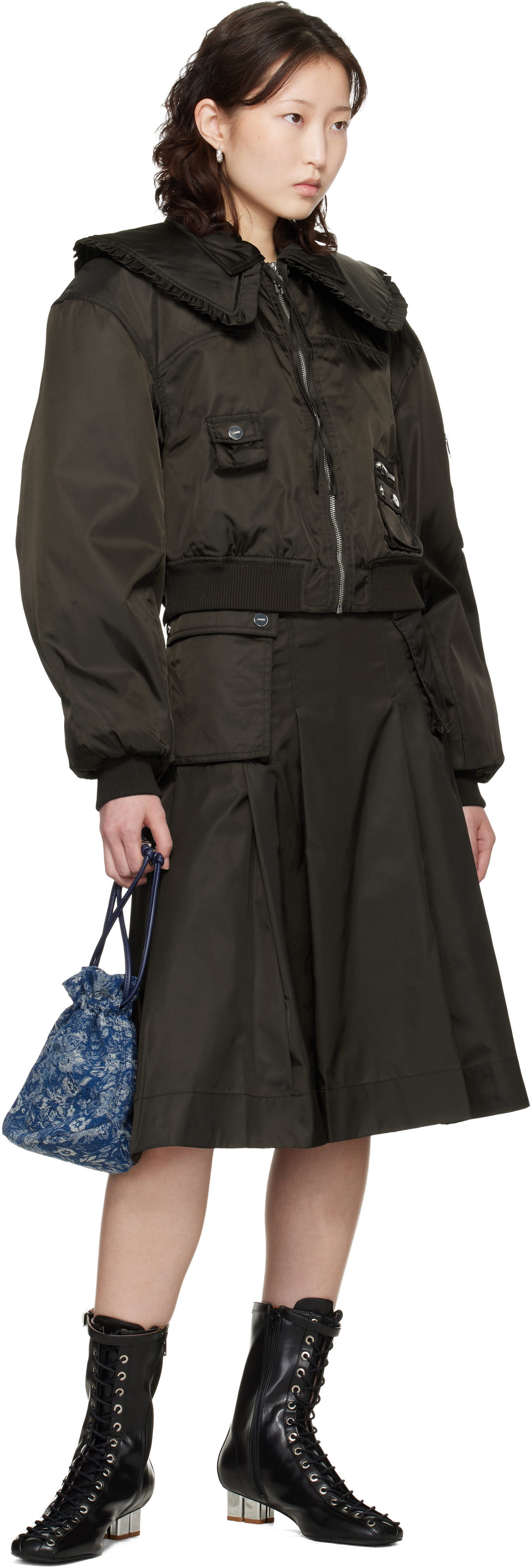GANNI Brown Duchesse Nylon Bomber Jacket
