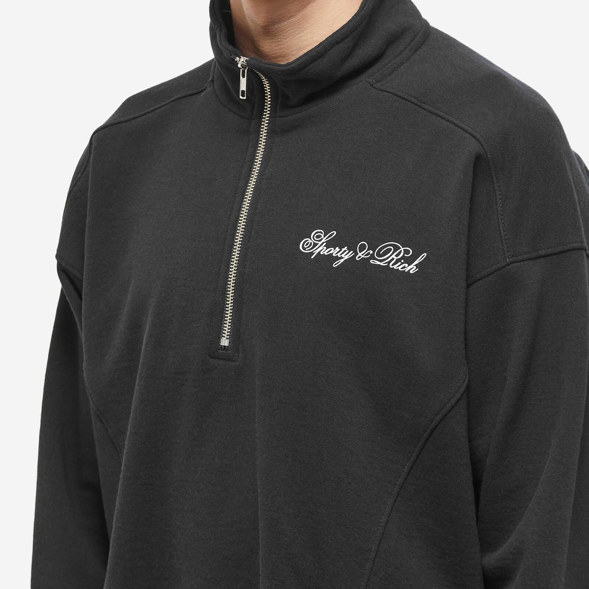 Sporty & Rich Men's Cursive Logo Quarter Zip Sweat in Black