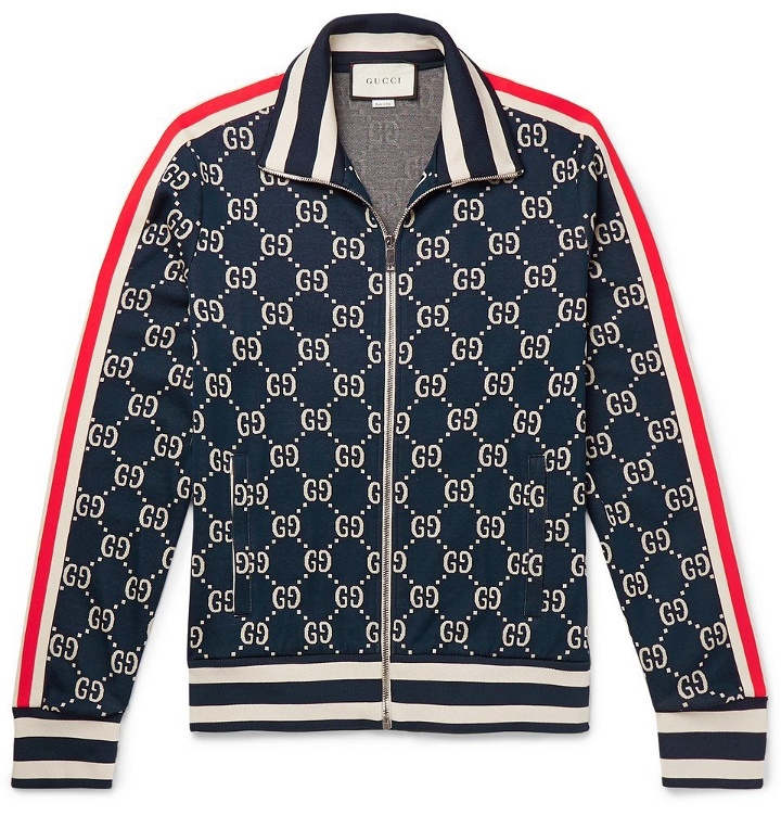 Photo: Gucci - Striped Logo-Intarsia Cotton Track Jacket - Navy