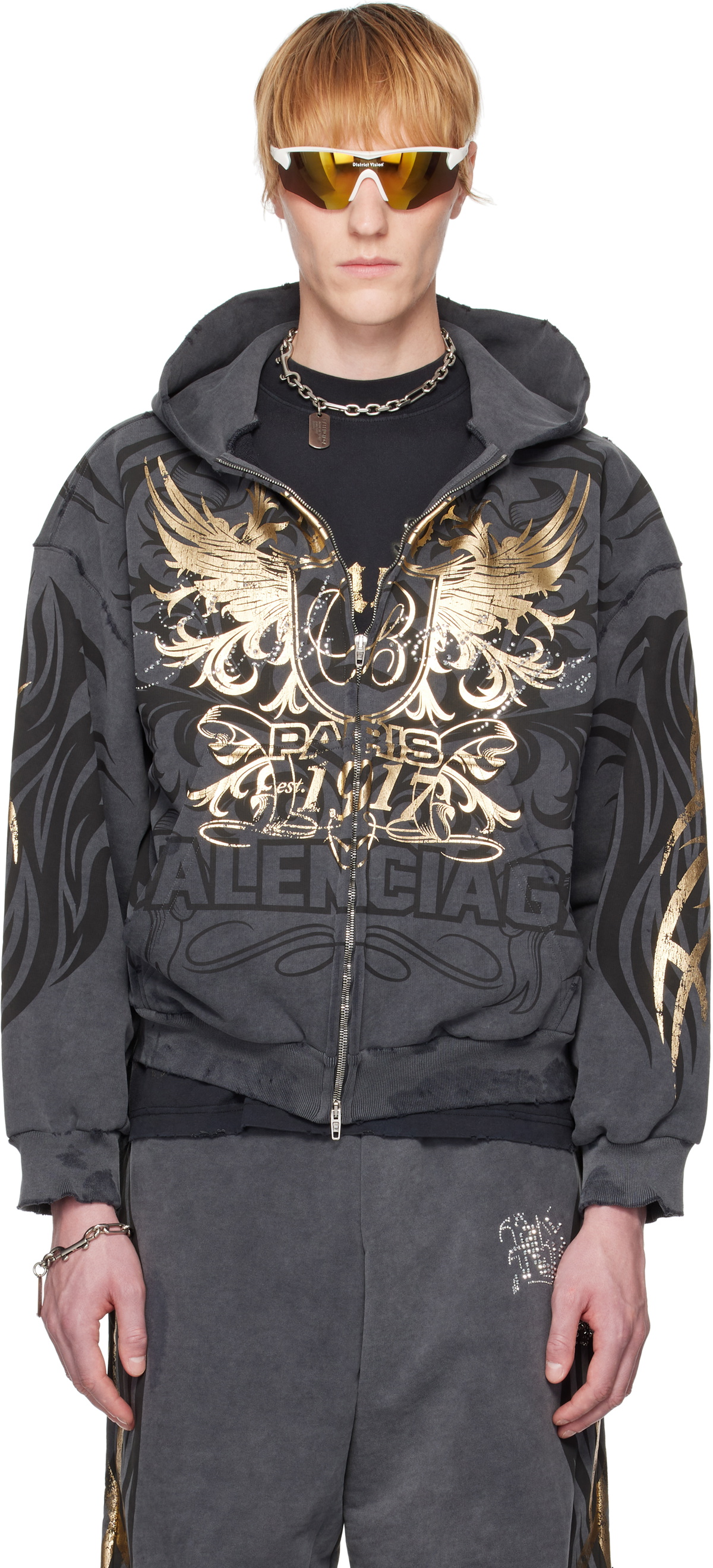 BALENCIAGA＊Tacky Gold Zip-up Hoodie フーディー＊送料込 Balenciaga: Gray Tacky Gold Zip-Up Hoodie | SSENSE