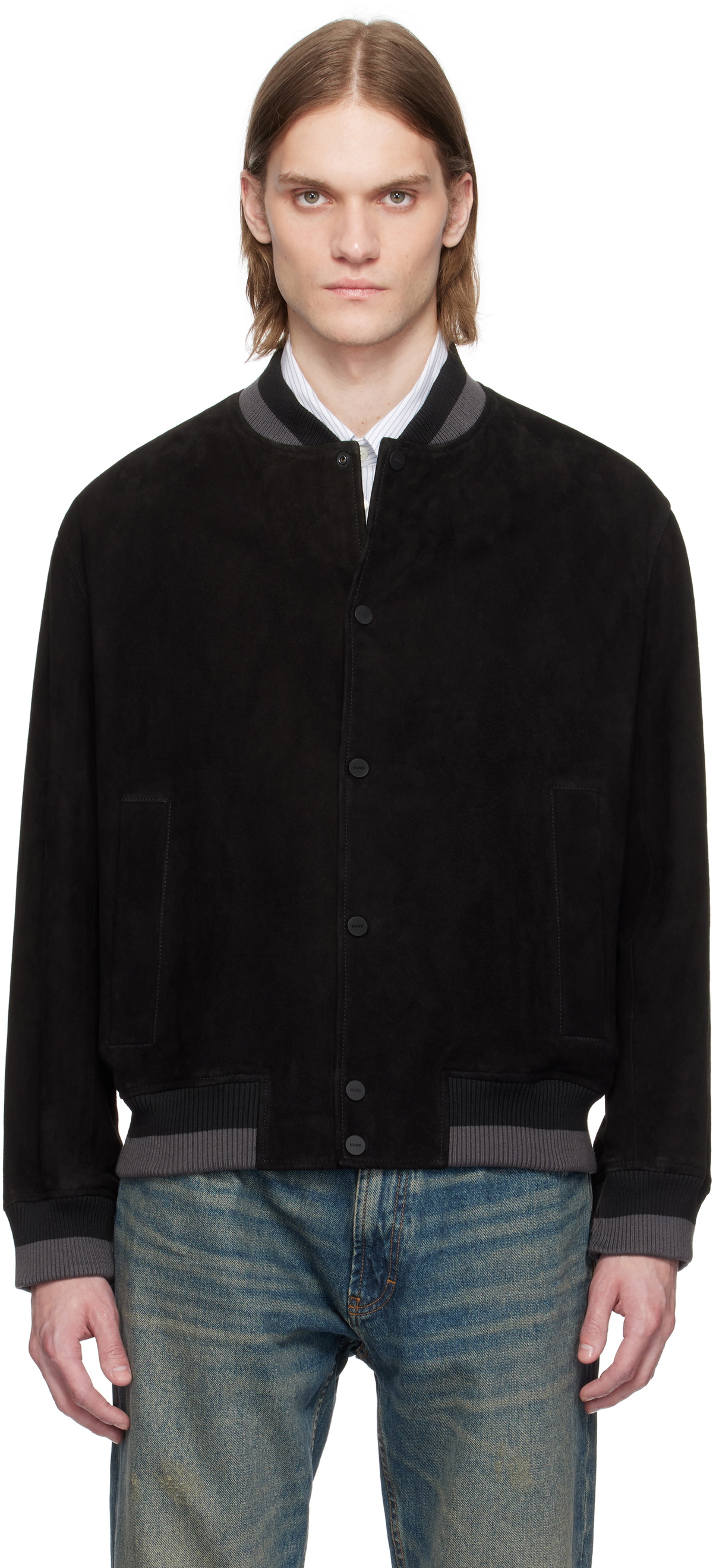 Hugo Black Ribbed-Trim Suede Bomber Jacket