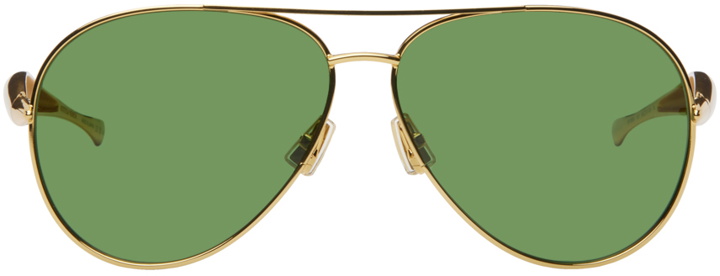 Photo: Bottega Veneta Gold & Green Sardine Aviator Sunglasses