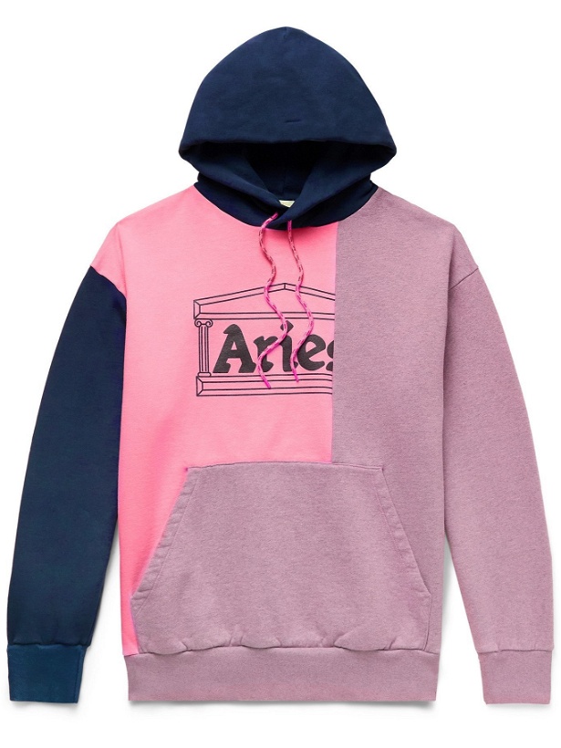 Photo: ARIES - Panelled Logo-Print Fleece-Back Cotton-Jersey Hoodie - Pink - XS