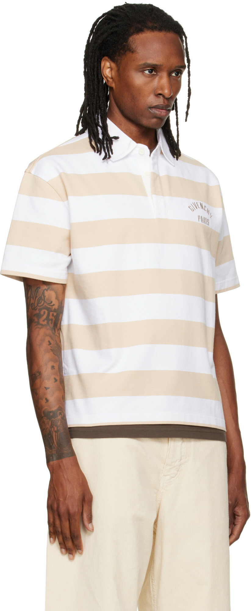 Givenchy Beige & White Striped 'Givenchy Paris' Embroidery Polo
