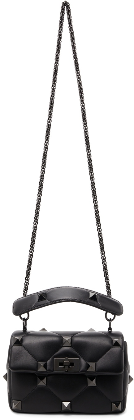 Roman Stud Medium Leather Shoulder Bag in Black - Valentino Garavani