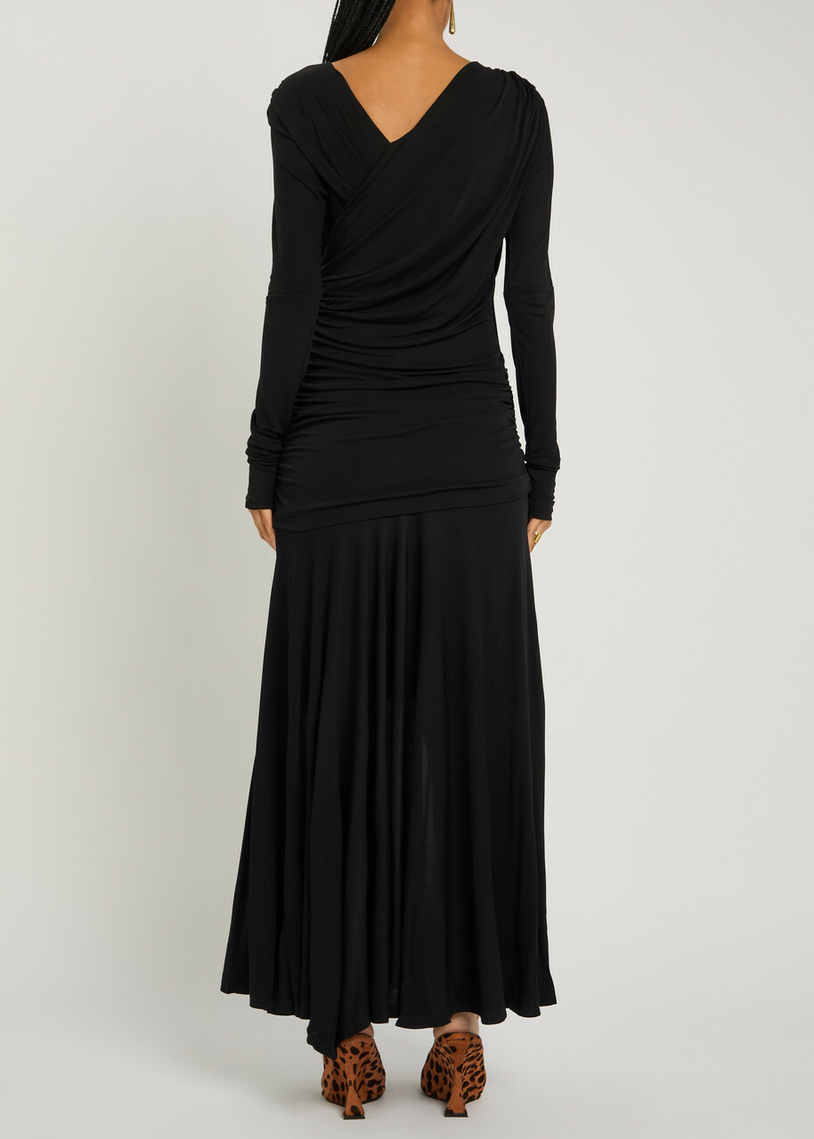 Ganni Ruched Wrap-effect Mesh Maxi Dress Black