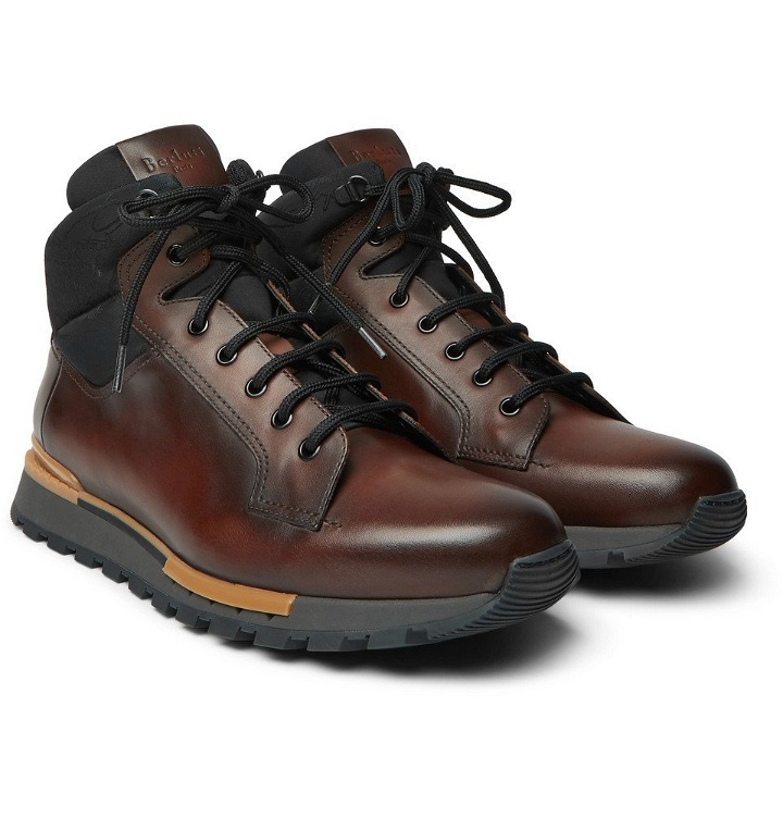 Photo: Berluti - Fast Track Leather and Jacquard-Shell Hiking Boots - Men - Brown