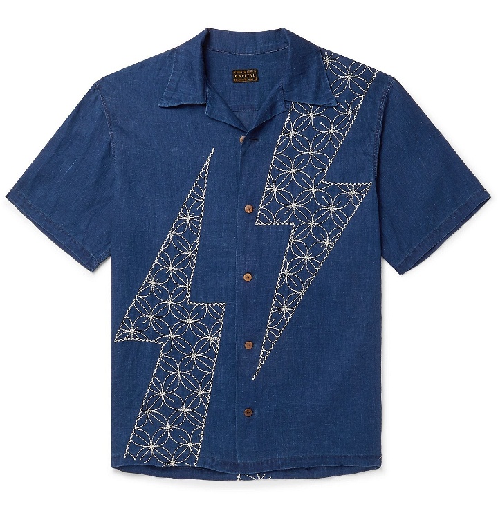 Photo: KAPITAL - Camp-Collar Embroidered Inidigo-Dyed Linen Shirt - Blue