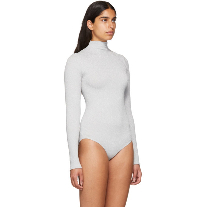 Wolford, Tops, Wolford Joan Silver Metallic Mockneck Long Sleeve Ribbed  Bodysuit Womens Small