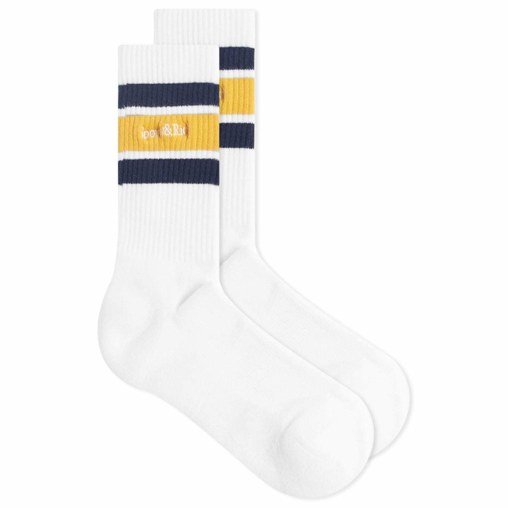Photo: Sporty & Rich Men's Serif Logo Embroidered Socks in White/Navy/Faded Yellow 