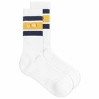 Sporty & Rich Men's Serif Logo Embroidered Socks in White/Navy/Faded Yellow 