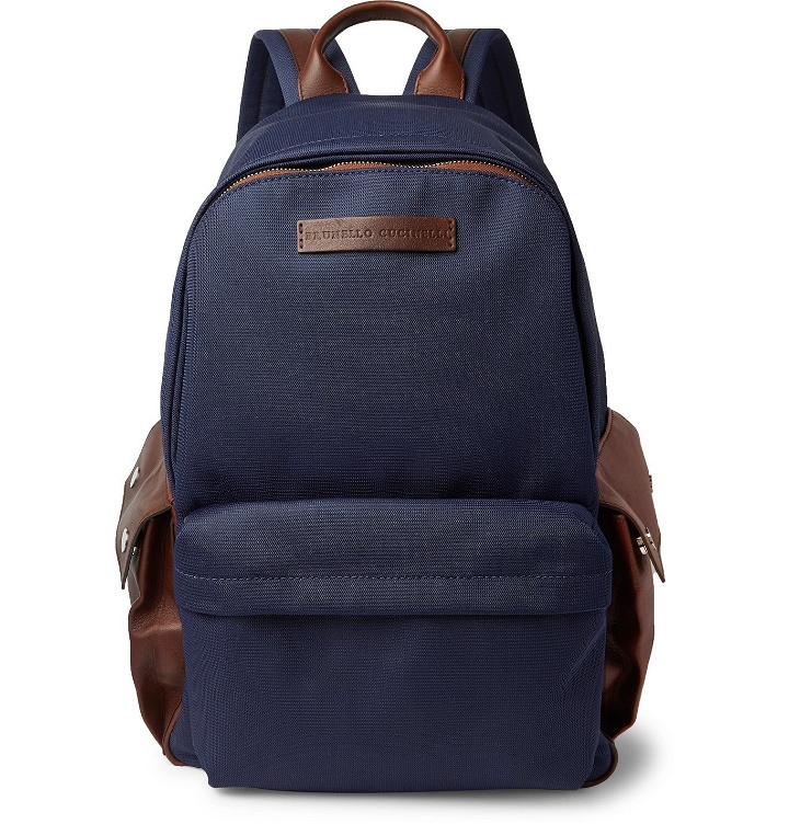 Photo: Brunello Cucinelli - Leather-Trimmed Nylon Backpack - Blue