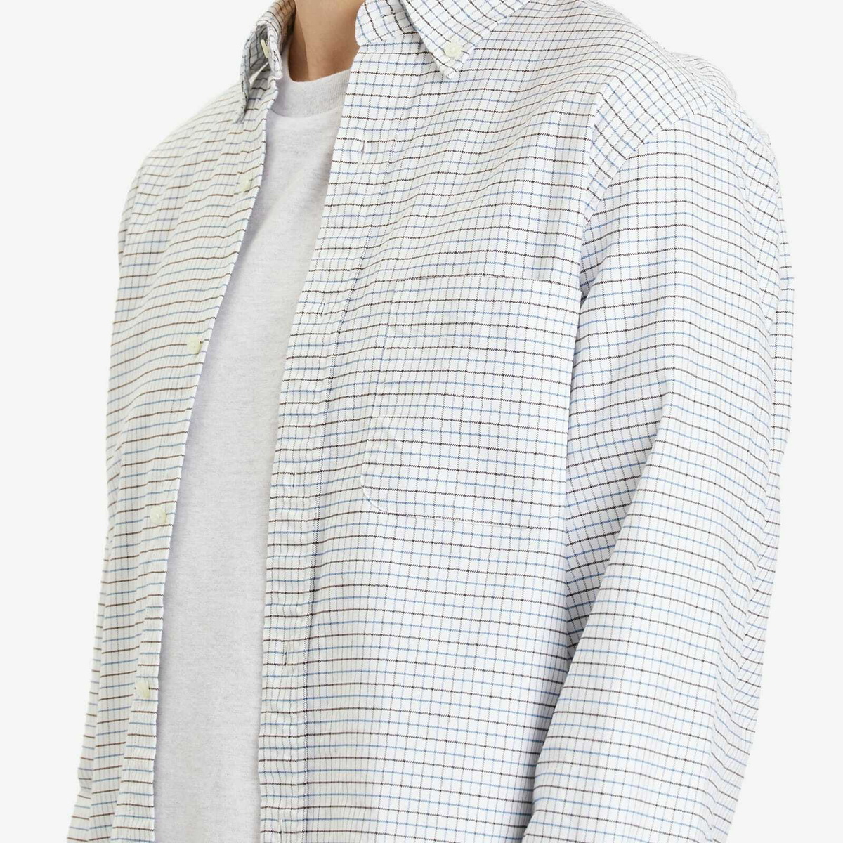 Beams Plus Men's Tattersall Check Button Down Oxford Shirt in White/Sax/Brown