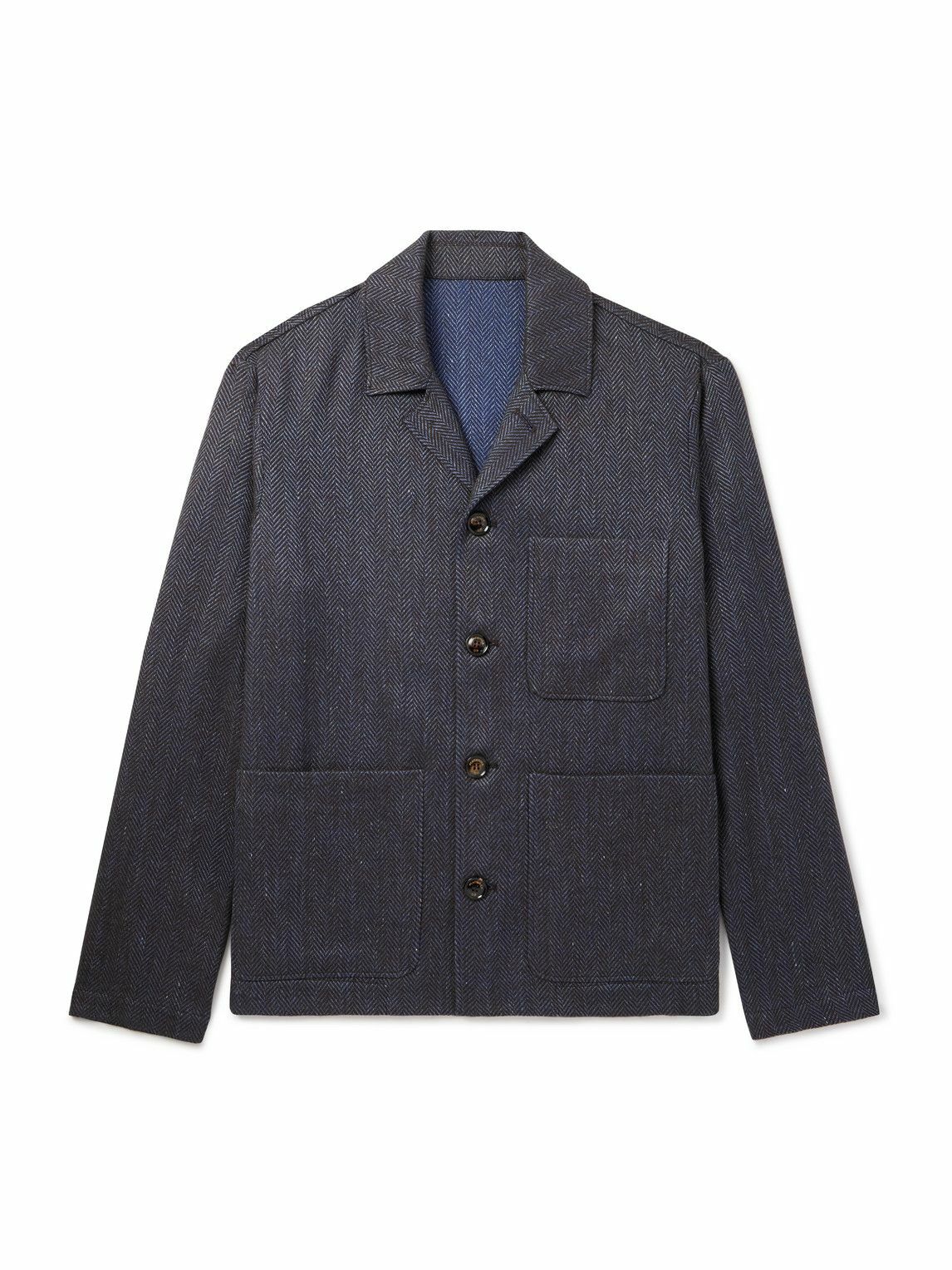 PIACENZA 1733 - Herringbone Wool, Linen and Cashmere-Blend Overshirt - Blue